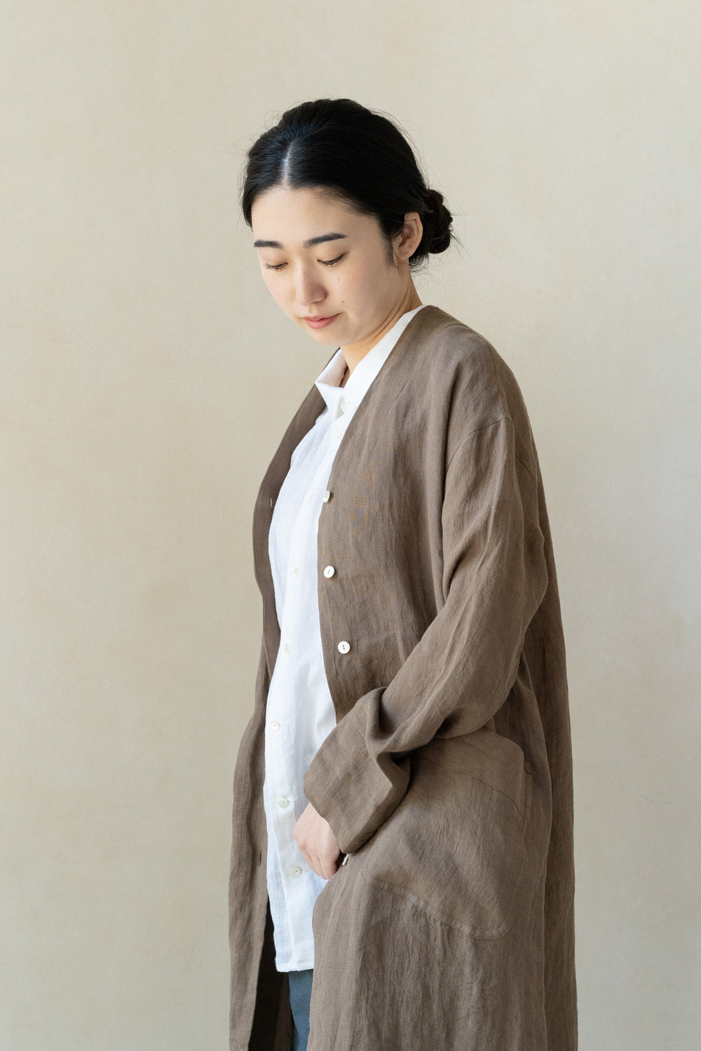ロングカーディガン<br>麻<br>カーキ