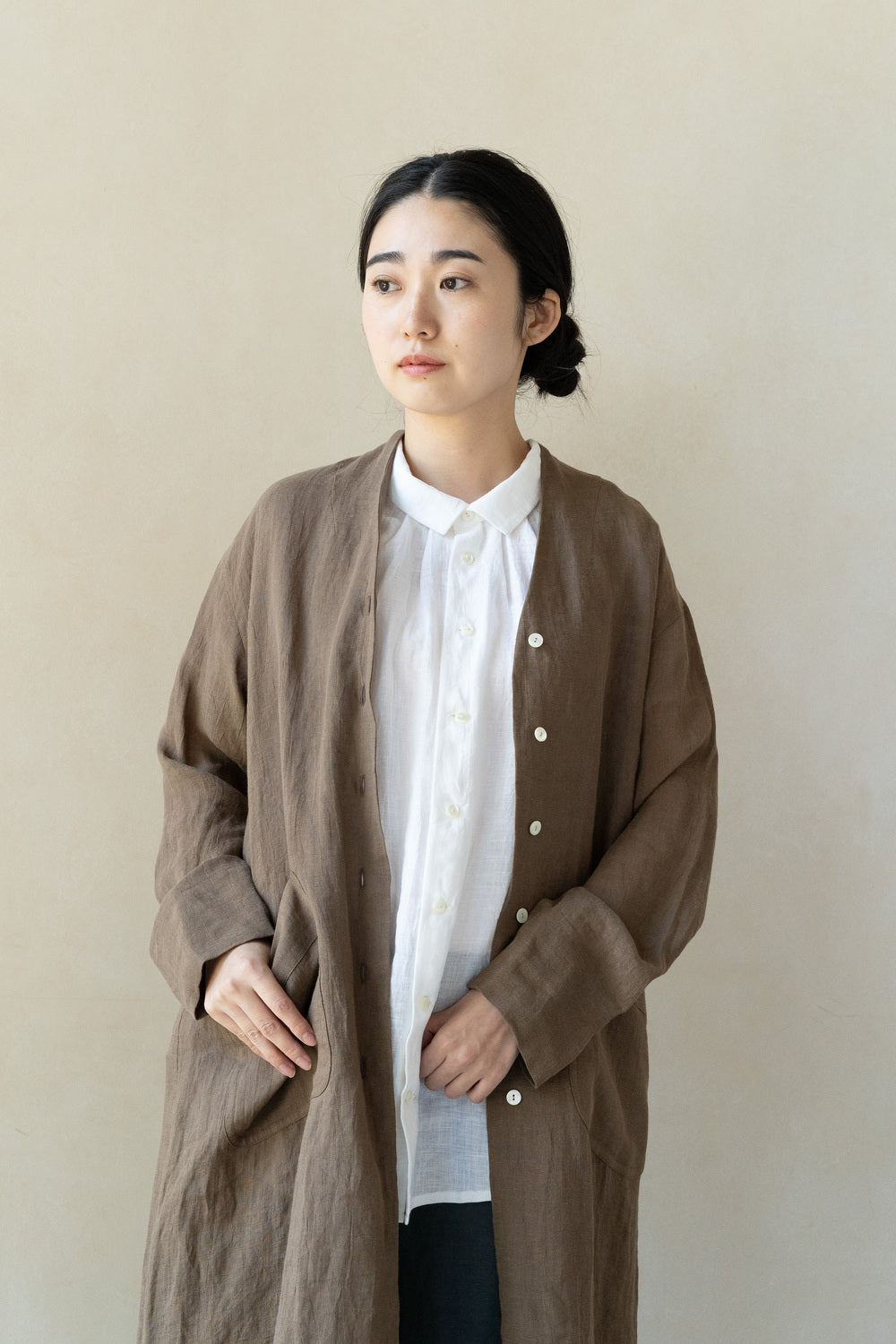 ロングカーディガン<br>麻<br>カーキ
