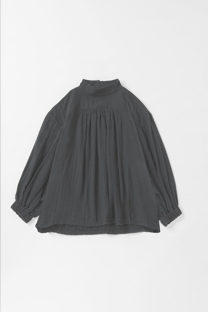 あたたかいパフスリーブロングブラウス<br>綿ワッシャー　グレー