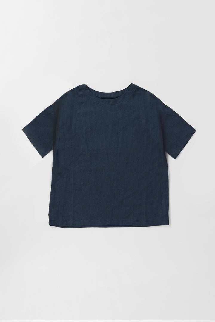 French sleeve shirt cotton linen dark blue 