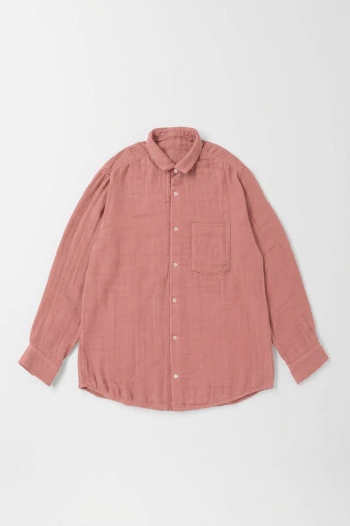 あたたかいメンズシャツ<br>綿ワッシャー<br>ブラウン　ピンク