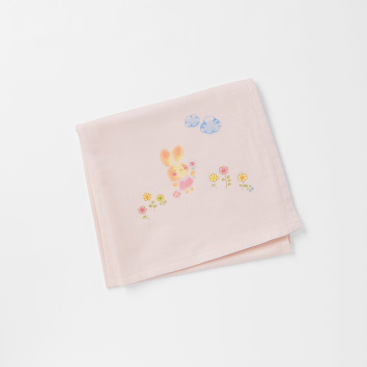 ガーゼブランケット<br>手描＆手刺繍　うさぎ