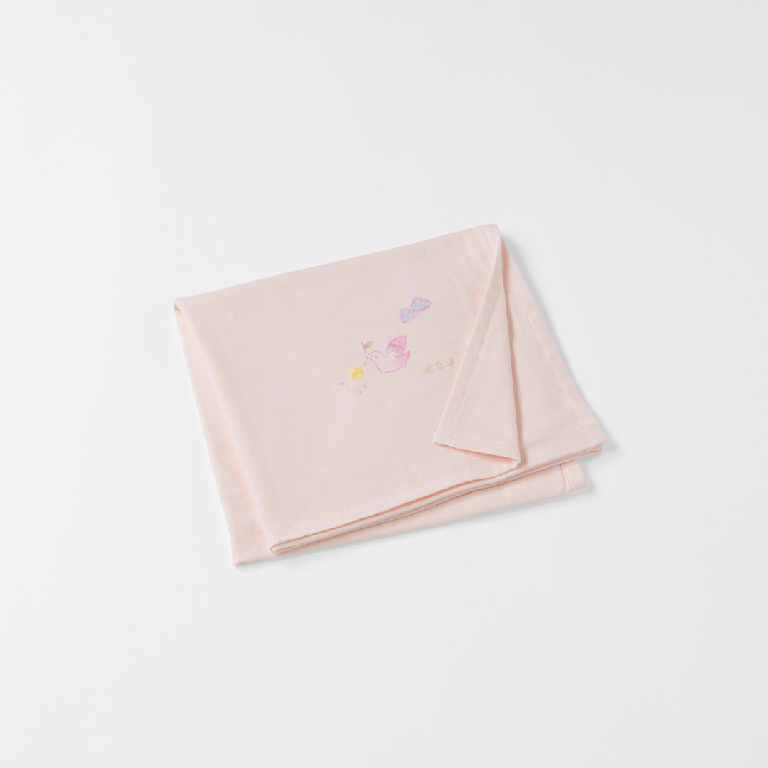 ガーゼブランケット<br>手描＆手刺繍　Peaceピンク